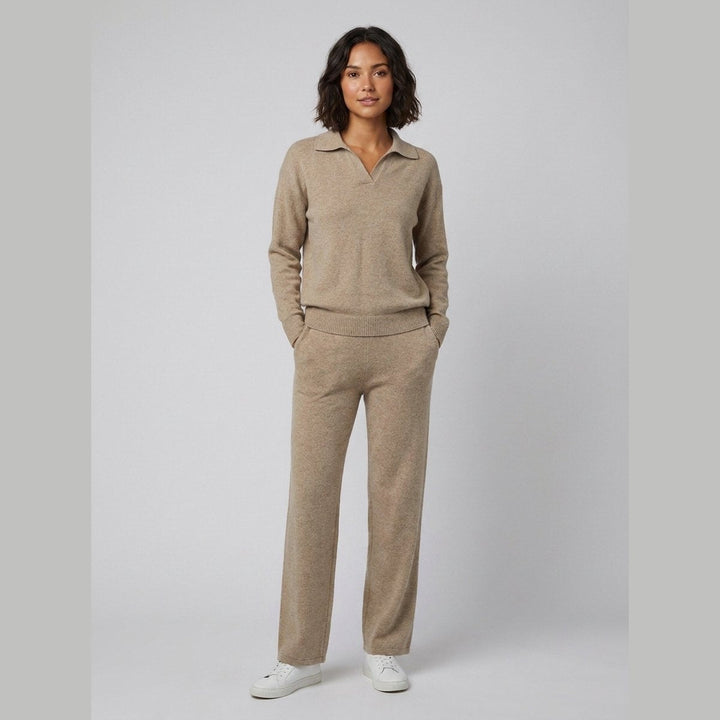 Panda knit two-piece set camel on model