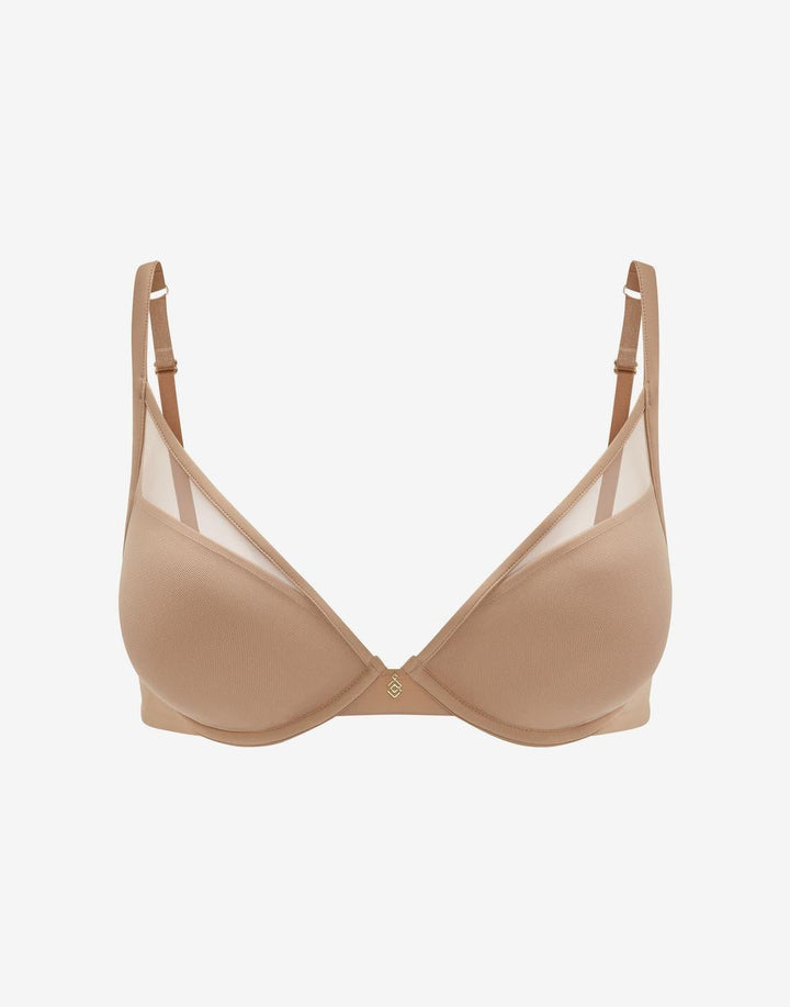 Pauline taupe plunge bra with flexible underwire, front view