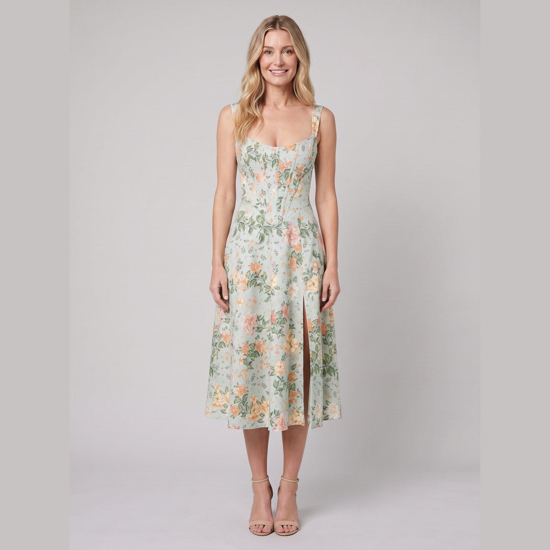 Perrine corset floral midi dress lime front