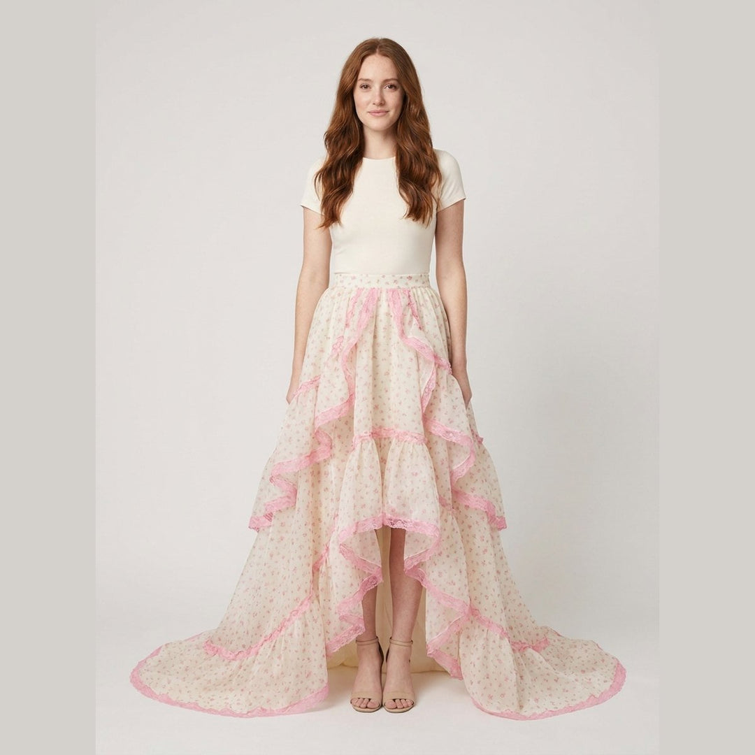 Pillow ruffled organza maxi skirt front on model