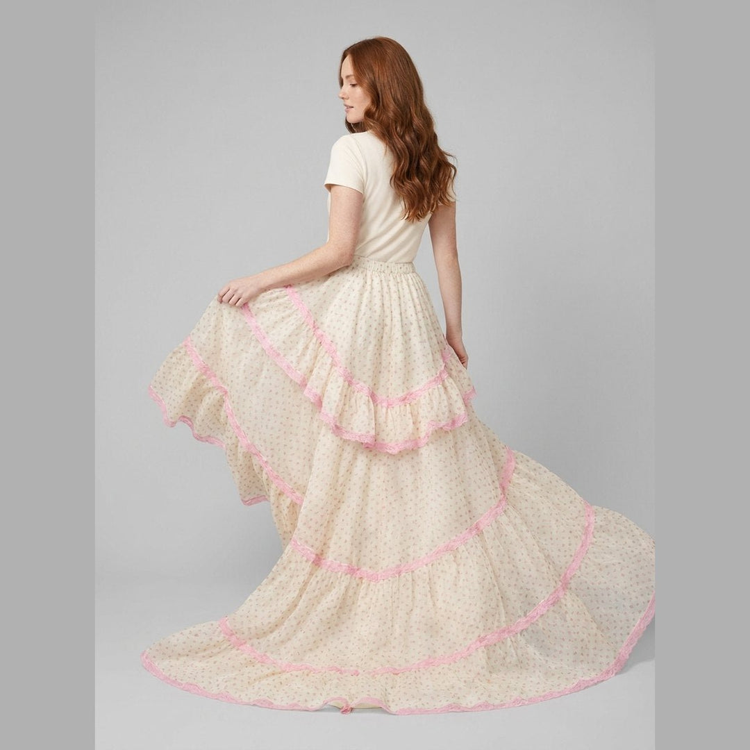Pillow ruffled organza maxi skirt train back on model