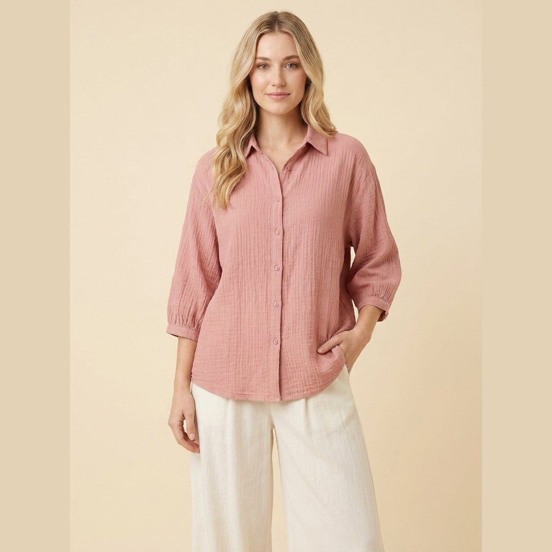 Pinky women's oversized cotton shirt in pink on model