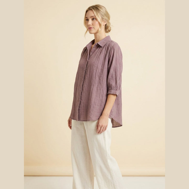 Pinky women's oversized cotton shirt in purple on model