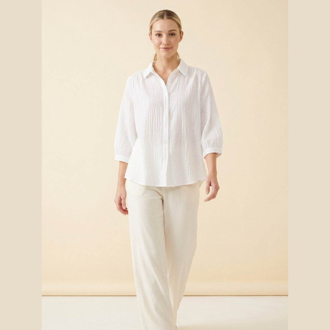 Pinky women's oversized cotton shirt in white on model