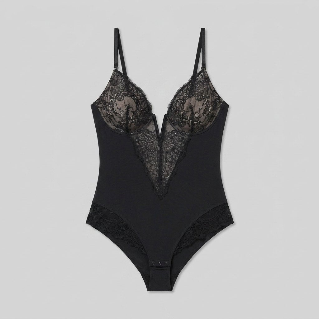 Poppy lace deep-V bodysuit black
