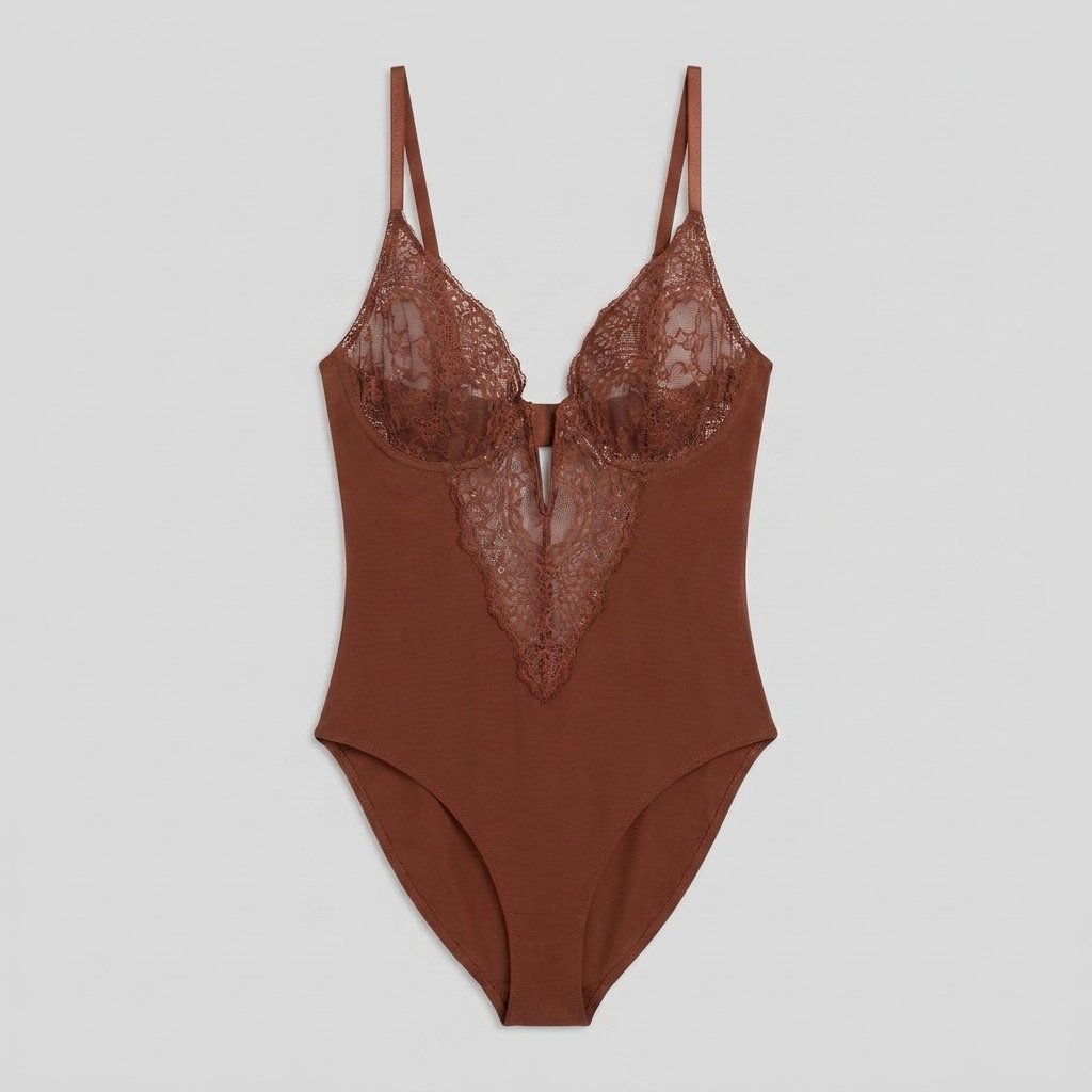 Poppy lace deep-V bodysuit brown