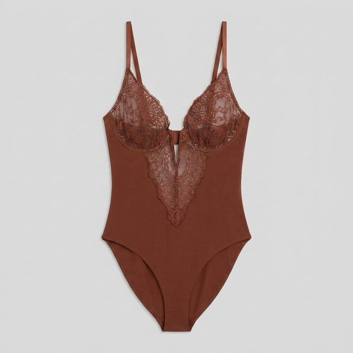 Poppy lace deep-V bodysuit brown