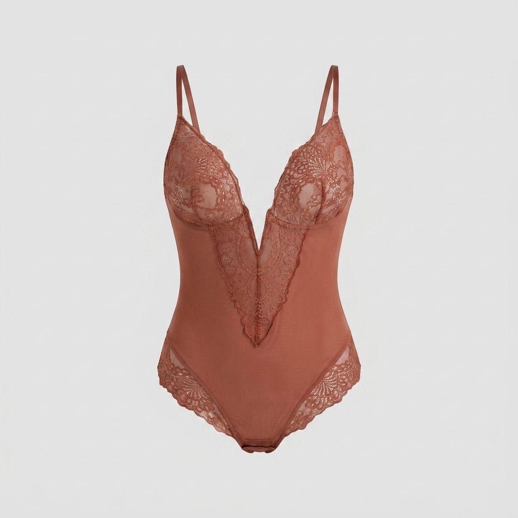 Poppy lace deep-V bodysuit chocolate