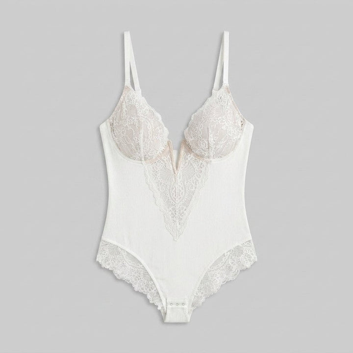 Poppy lace deep-V bodysuit white