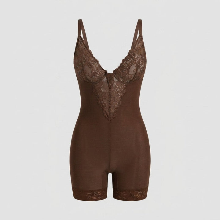 Poppy lace short bodysuit brown