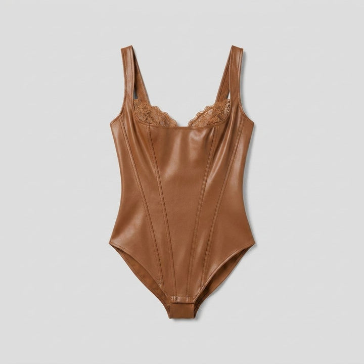 Pulse faux-leather shapewear bodysuit brown flat-lay