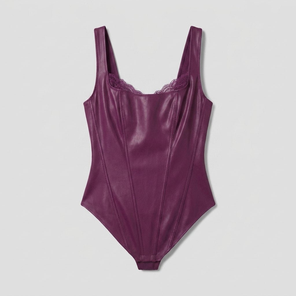 Pulse faux-leather shapewear bodysuit dark purple flat-lay