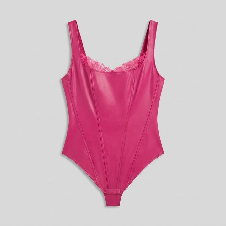Pulse faux-leather shapewear bodysuit hibiscus pink flat-lay