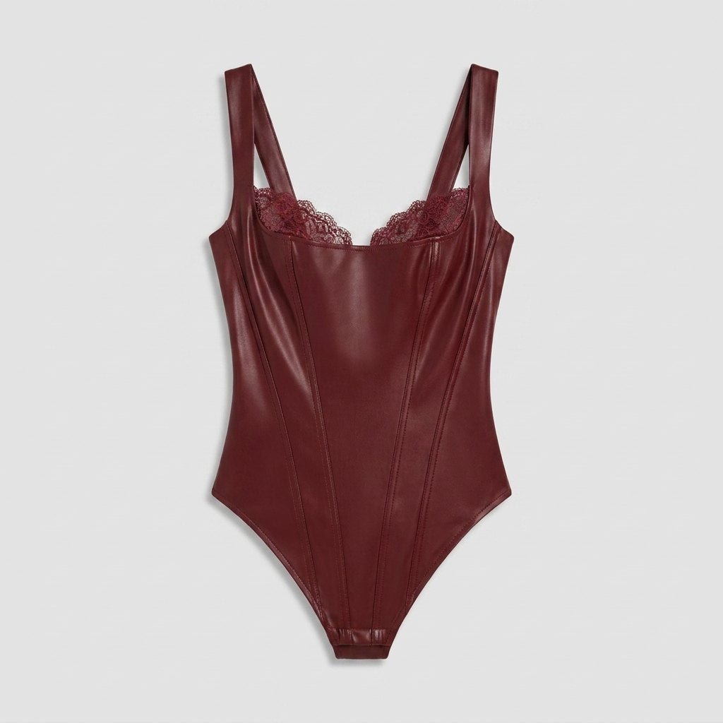 Pulse faux-leather shapewear bodysuit jujube red flat-lay