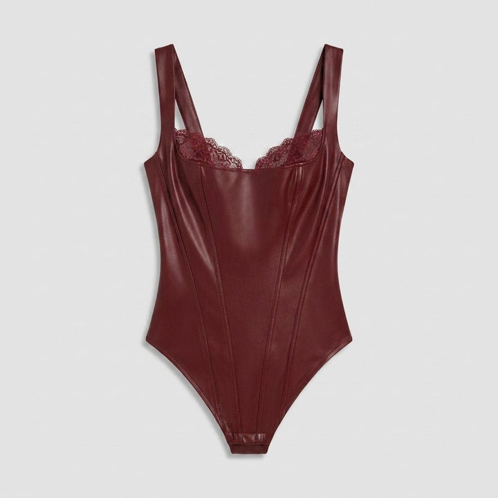 Pulse faux-leather shapewear bodysuit jujube red flat-lay