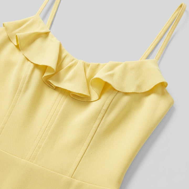 Raffi yellow dress ruffle neckline fabric detail