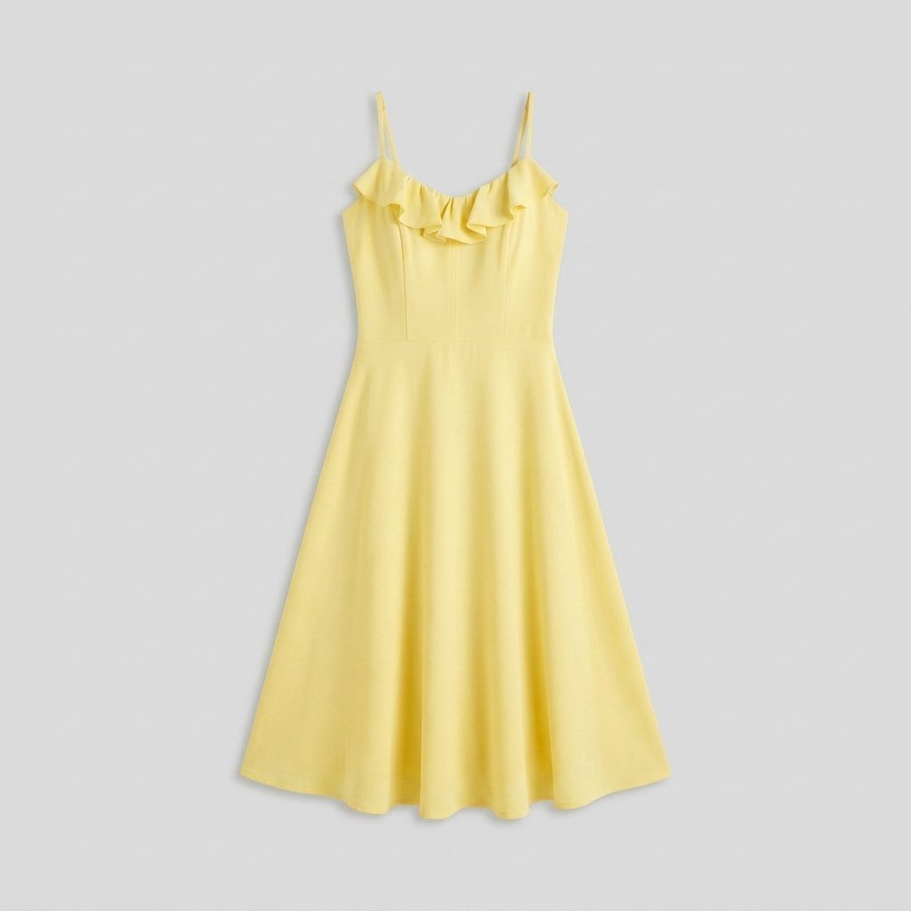 Raffi yellow midi dress flat lay product photo