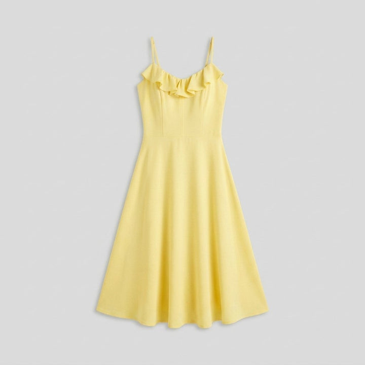 Raffi yellow midi dress flat lay product photo