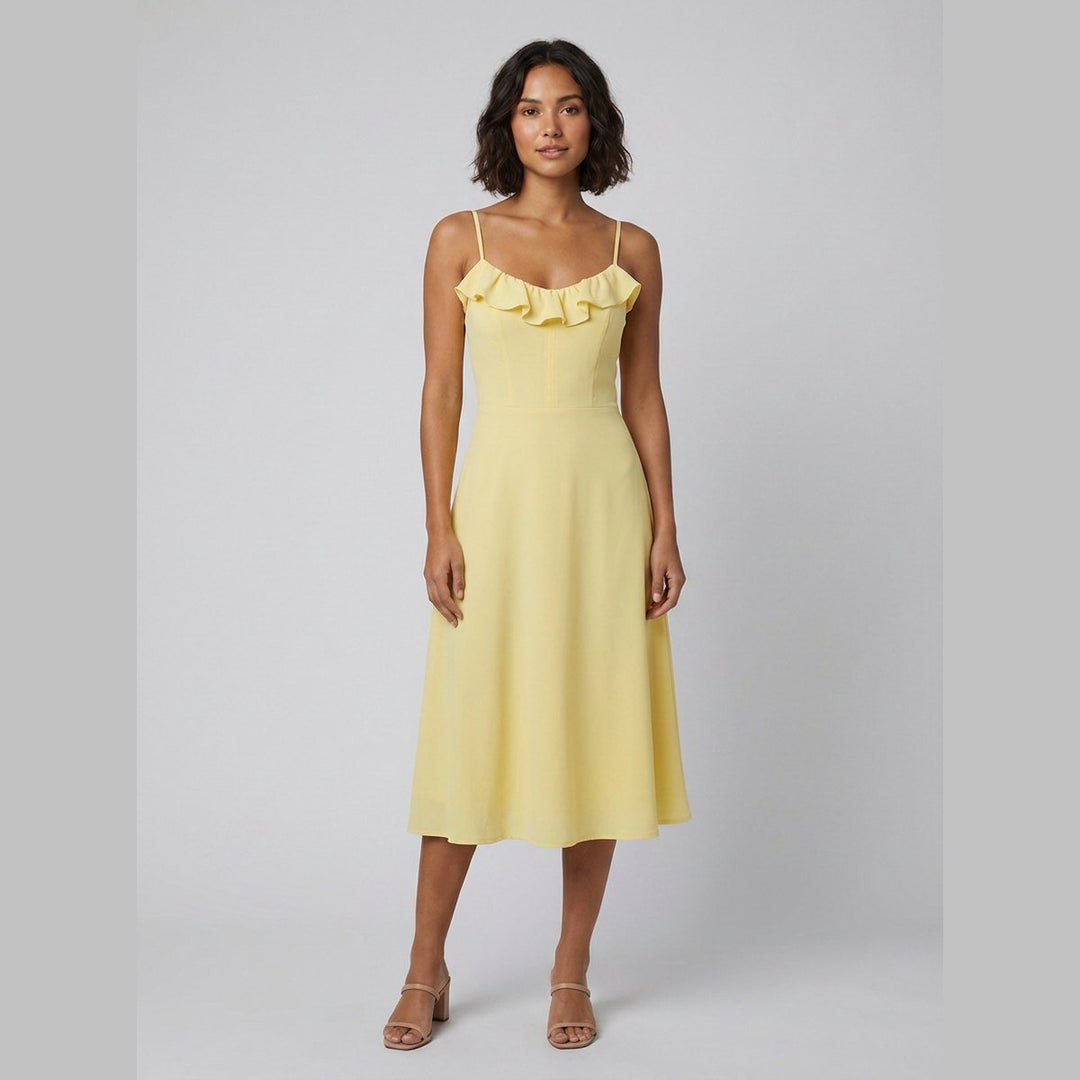 Raffi yellow ruffle-trim A-line midi dress front on model