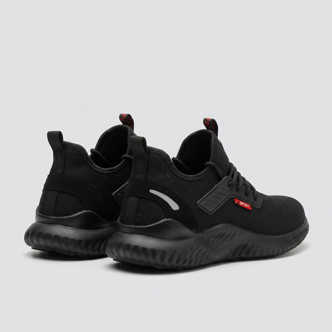 Black safety work shoe, rear view with heel pull tab