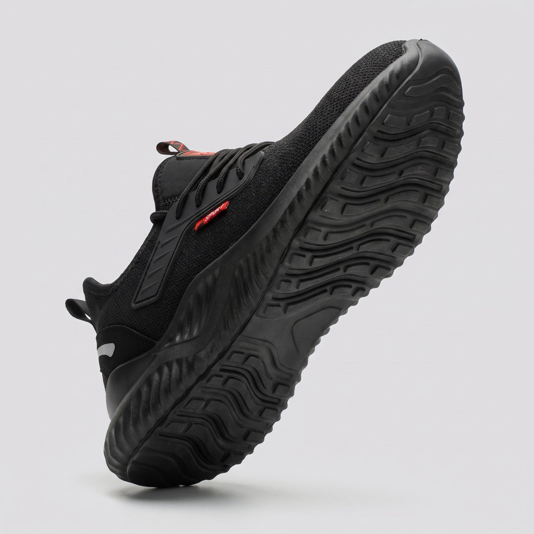 Black safety work shoe, outsole tread pattern