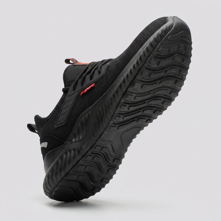 Black safety work shoe, outsole tread pattern