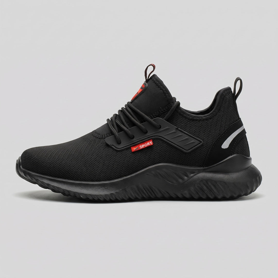 Black safety work shoe, side profile