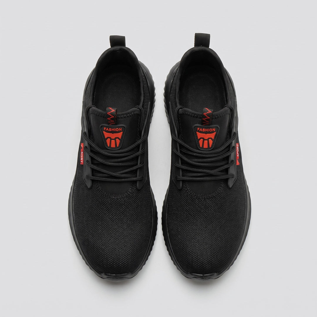 Black safety work shoe, top view showing mesh upper and lacing