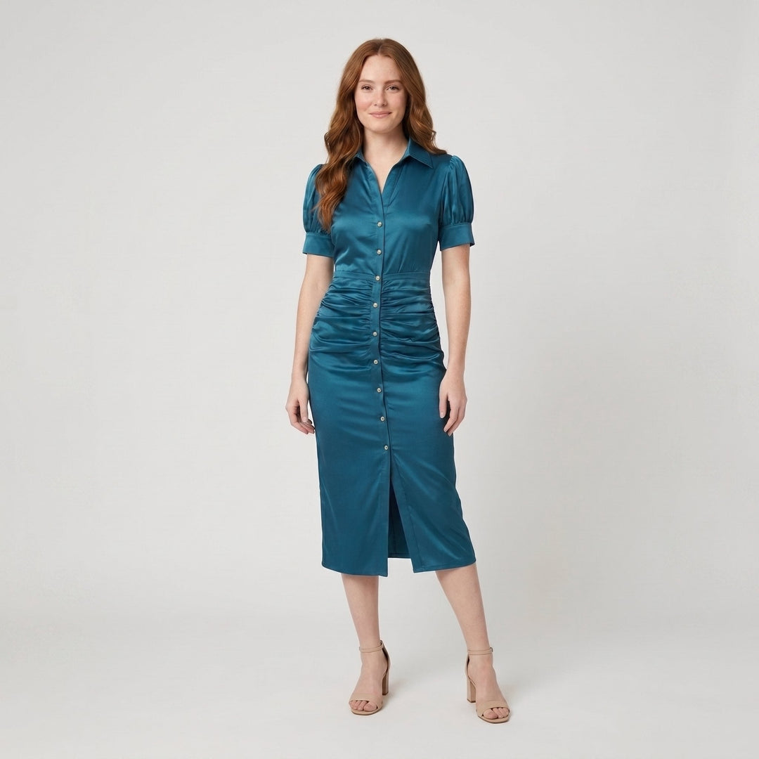 Ravine teal satin ruched midi shirt dress on model