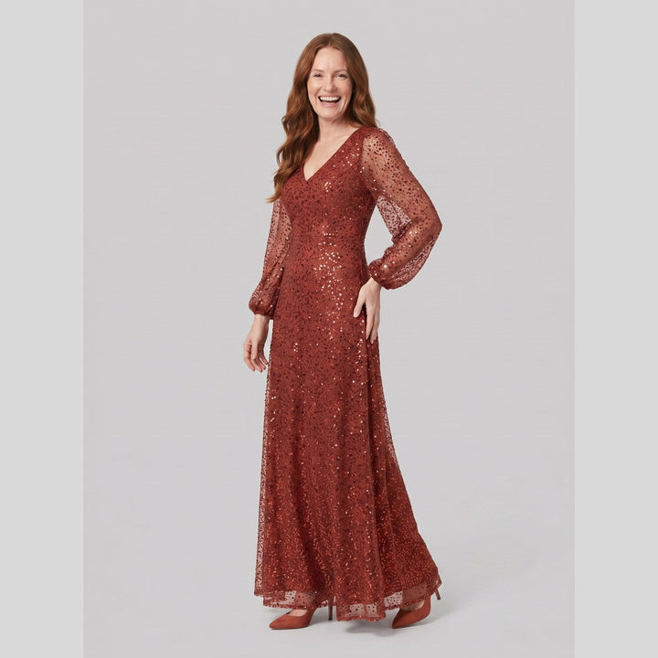 Burnt orange sequin A-line V-neck lantern sleeve evening dress - The store Vancouver