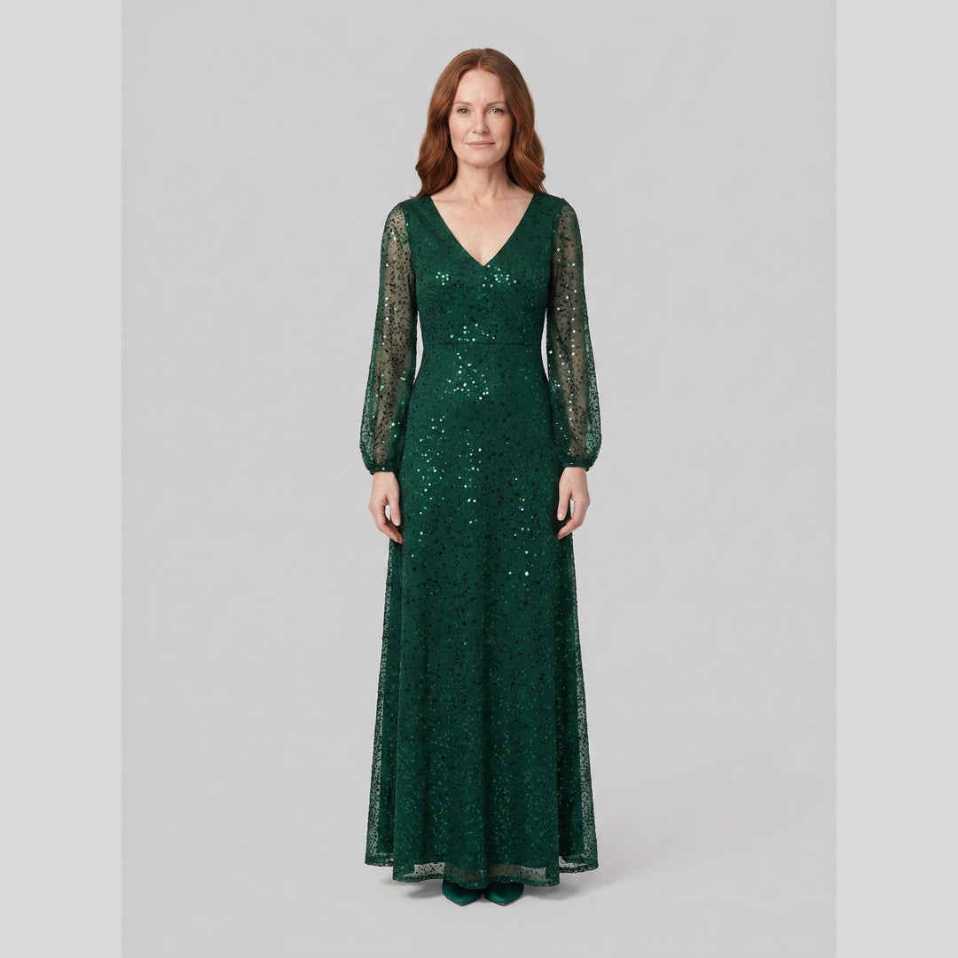 Dark green sequin A-line V-neck lantern sleeve evening dress - The store Vancouver