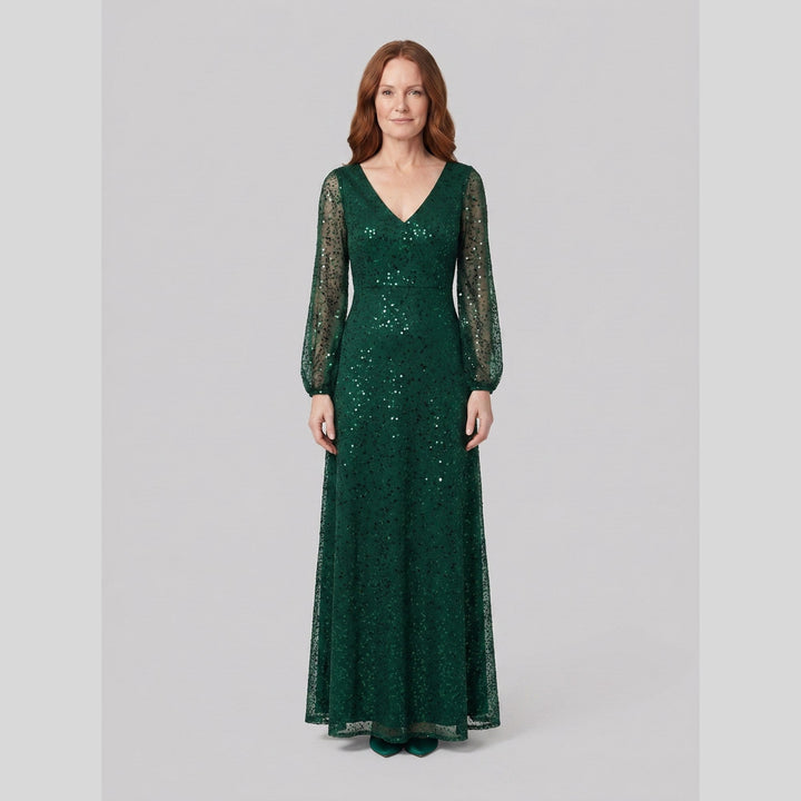 Dark green sequin A-line V-neck lantern sleeve evening dress - The store Vancouver