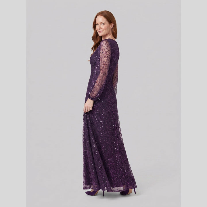 Dark purple sequin A-line V-neck lantern sleeve evening dress - The store Vancouver