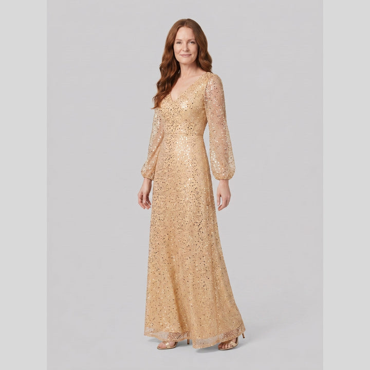 Gold sequin A-line V-neck lantern sleeve evening dress - The store Vancouver