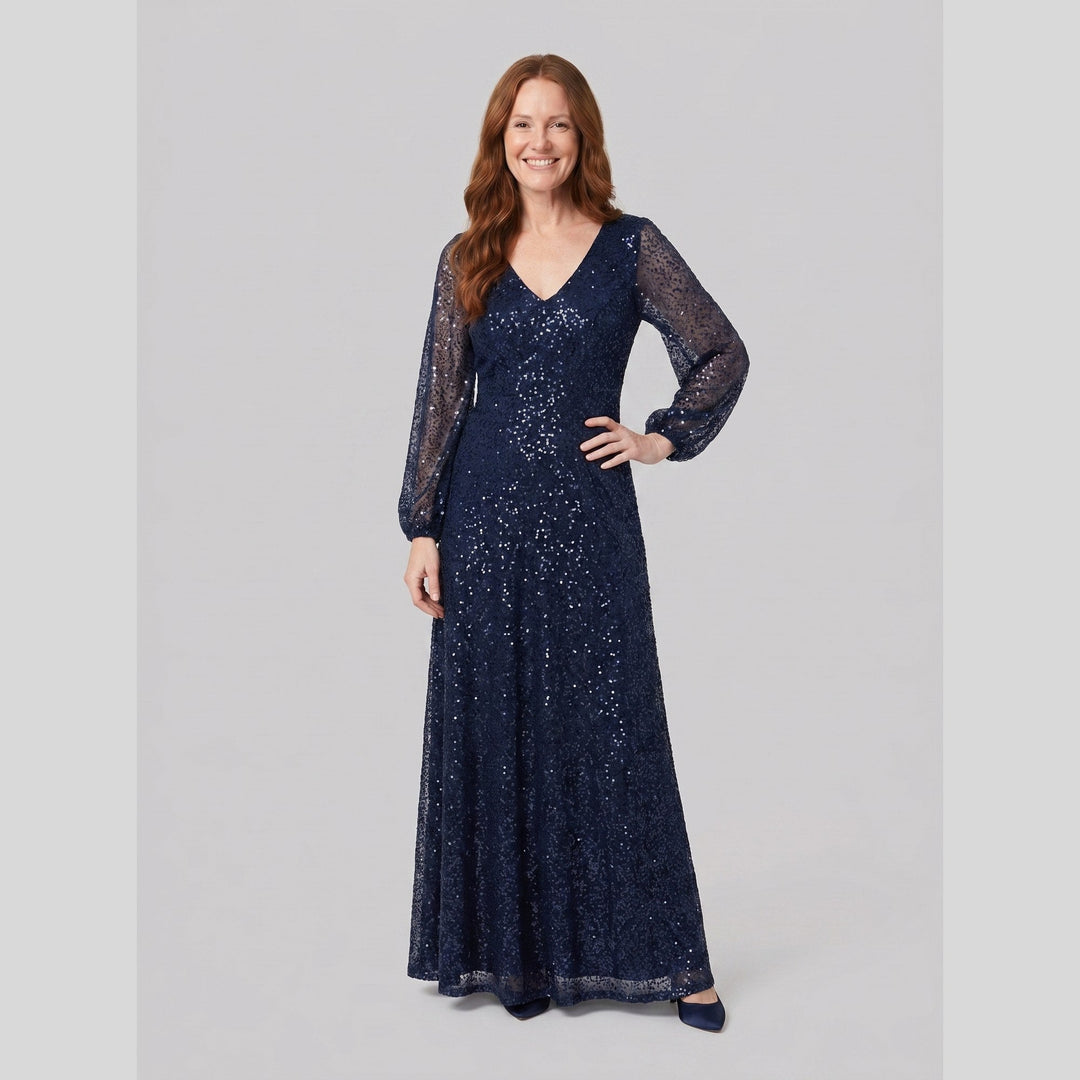 Navy blue sequin A-line V-neck lantern sleeve evening dress - The store Vancouver