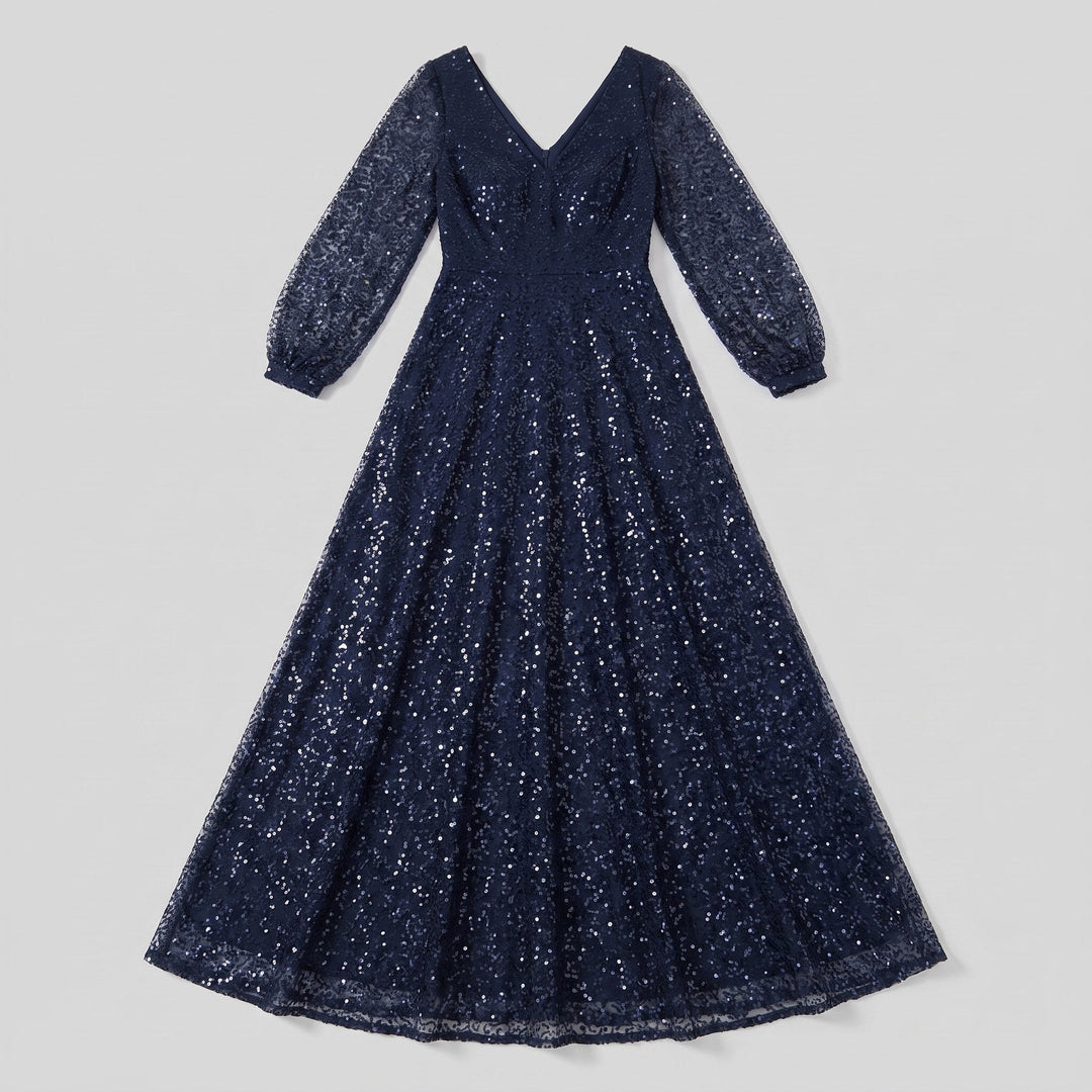 Navy blue sequin A-line evening dress flat lay product photo - The store Vancouver