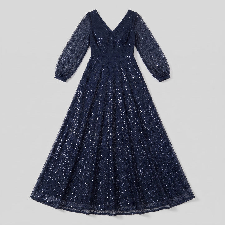 Navy blue sequin A-line evening dress flat lay product photo - The store Vancouver