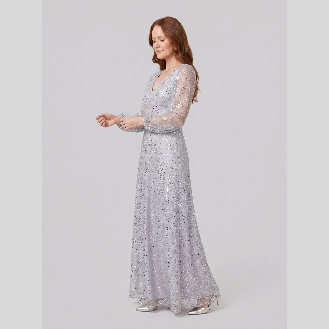 Silver sequin A-line V-neck lantern sleeve evening dress - The store Vancouver
