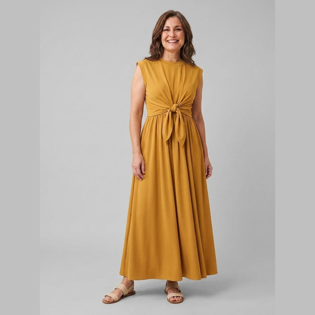 Rina mustard yellow tie-up maxi dress front