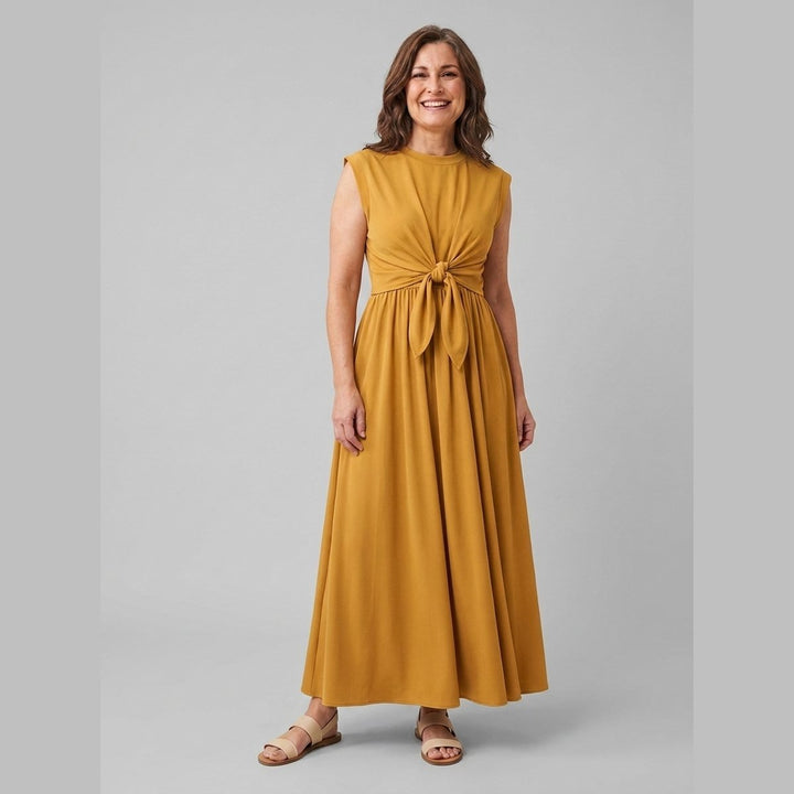 Rina mustard yellow tie-up maxi dress front