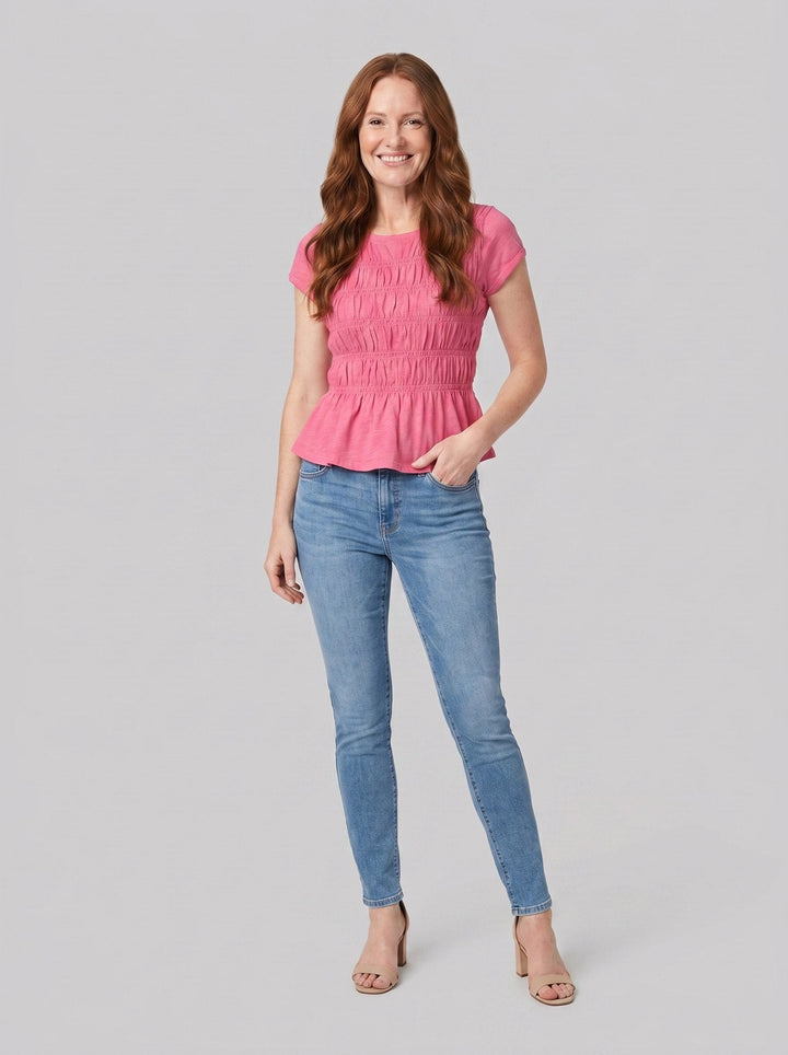 Rita ruffle top in pink, front view