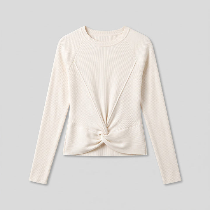 Ivory ribbed knit long sleeve top, product flat lay