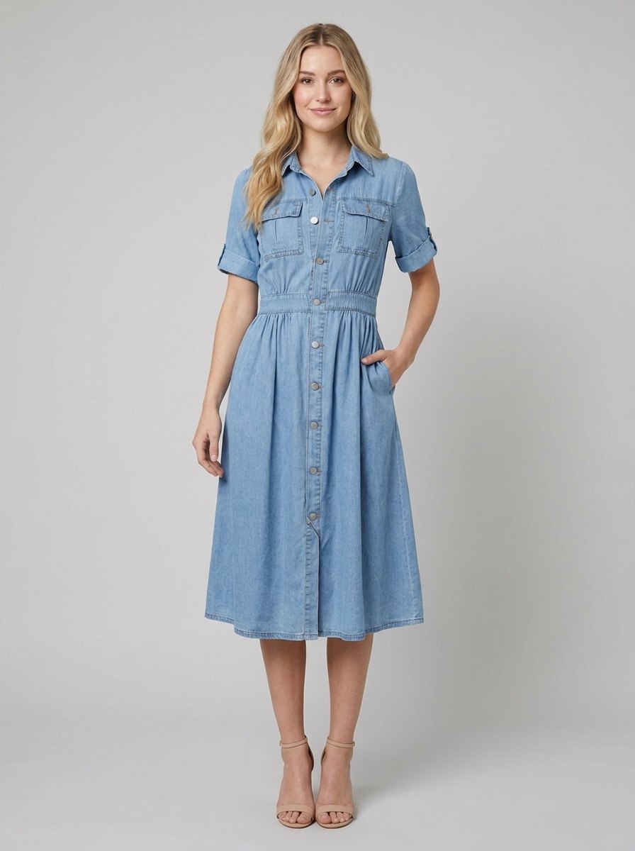 Rosalind belted denim shirt dress light blue front on model