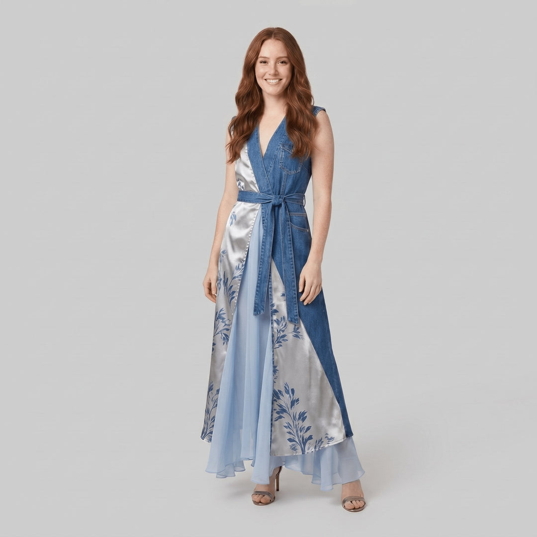 Rosamund asymmetrical denim patchwork dress front on model