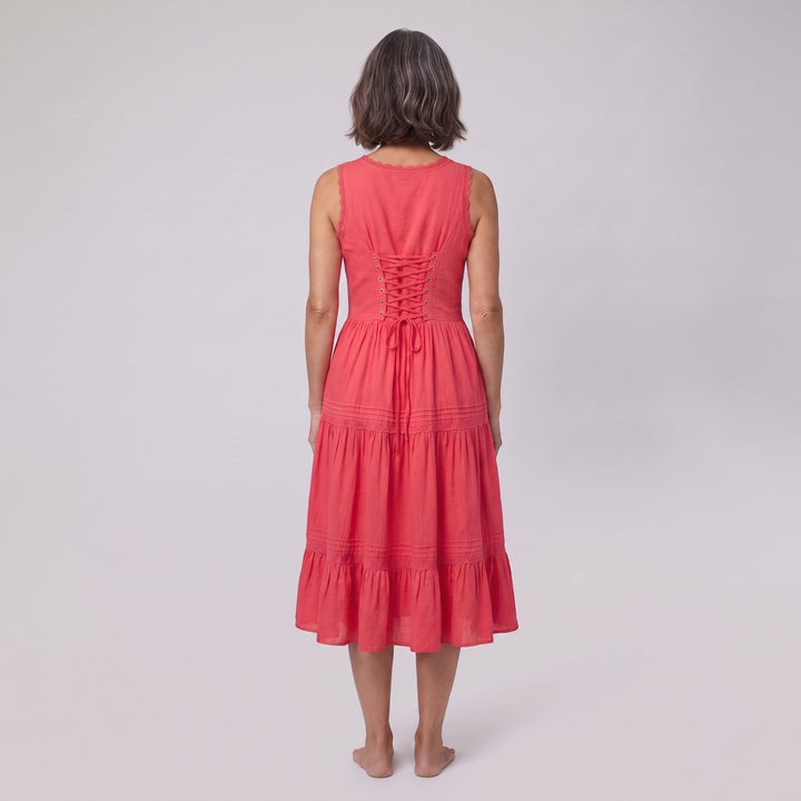Roselle coral midi dress, back view showing lace-up corset detail