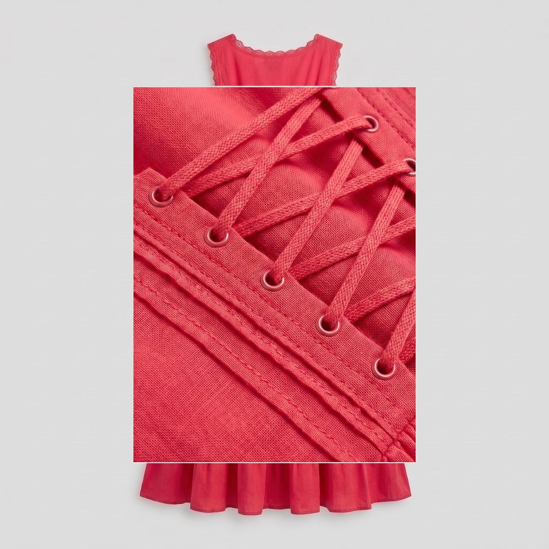 Roselle coral dress fabric close-up with embroidery and lacing