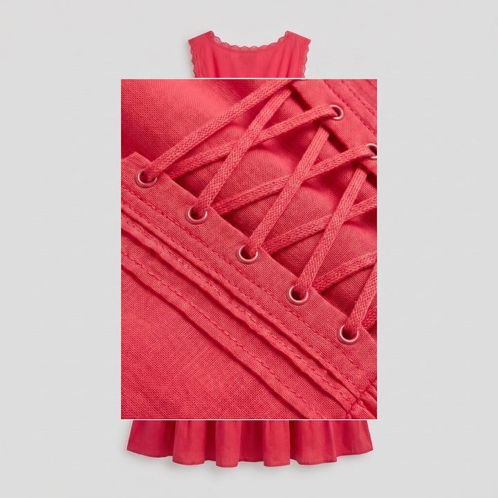 Roselle coral dress fabric close-up with embroidery and lacing