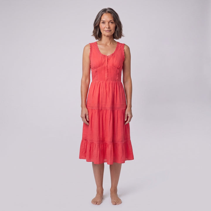 Roselle coral corset-effect midi dress, front view on model