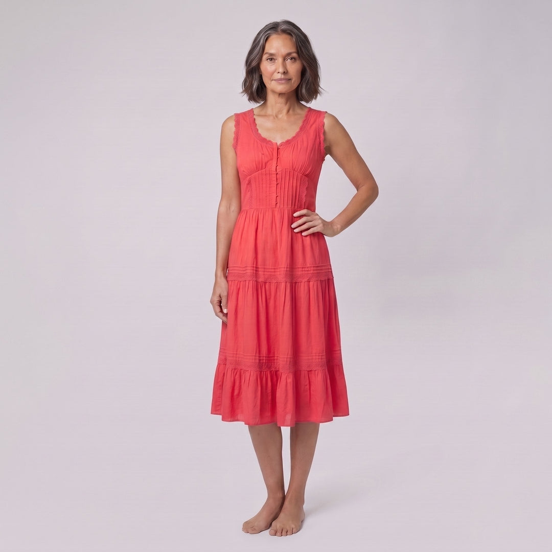 Roselle coral midi dress, front view, alternate pose