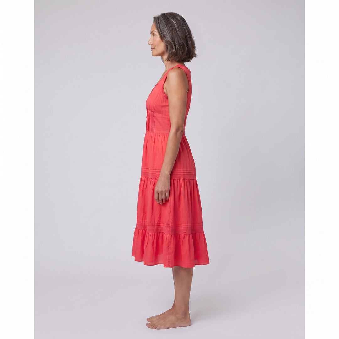 Roselle coral midi dress, side view on model